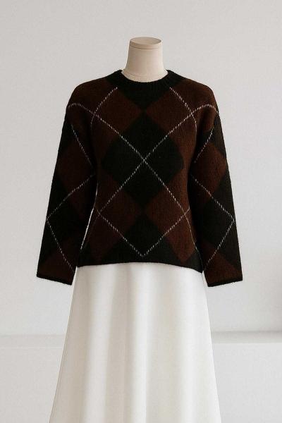 Baklava Desenli Triko Kazak Siyah Kahve