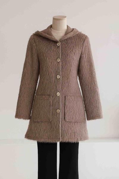 Kapşonlu Çift Cepli Kürk Kaban Vizon