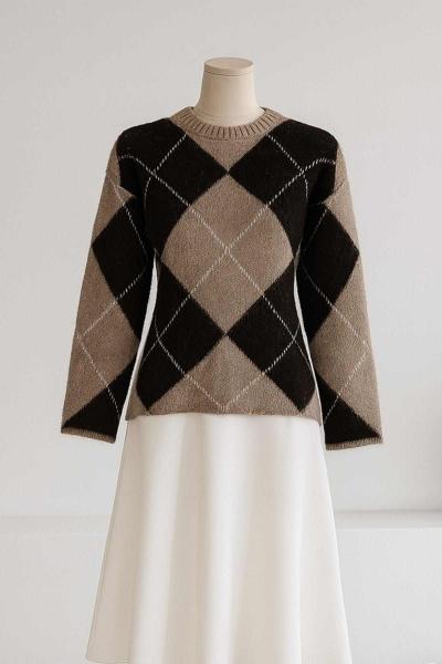 Baklava Desenli Triko Kazak Kahve Bej