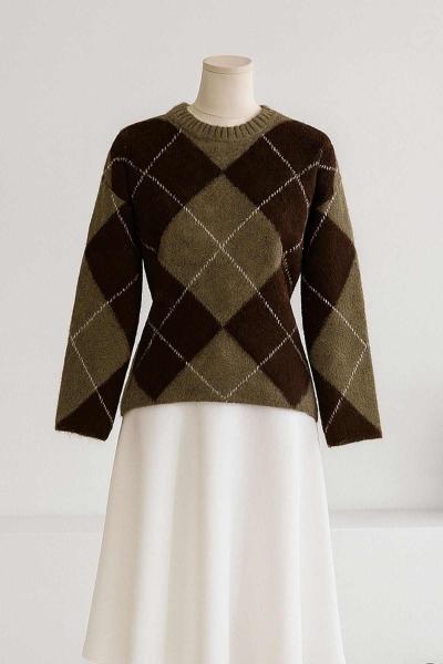 Baklava Desenli Triko Kazak Kahve Yeşil