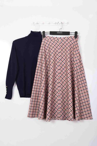 Ekose Desenli Çan Etek Bej Fuşya