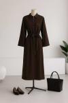 Yaka Fermuarlı Kuşaklıl Kot Elbise Kahve