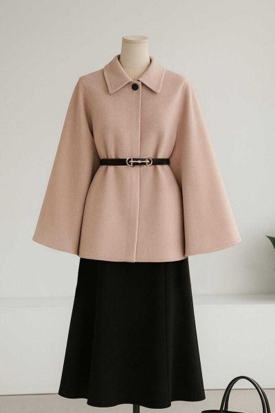 Beli Kemerli Kaşe Panço Pudra