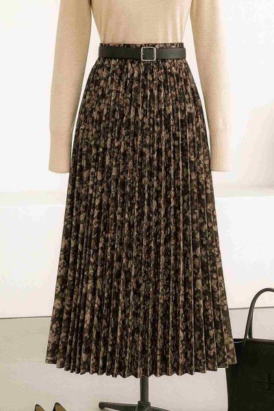 Beli Lastikli Piliseli Kemerli Ekoseli Kloş Etek Kahve