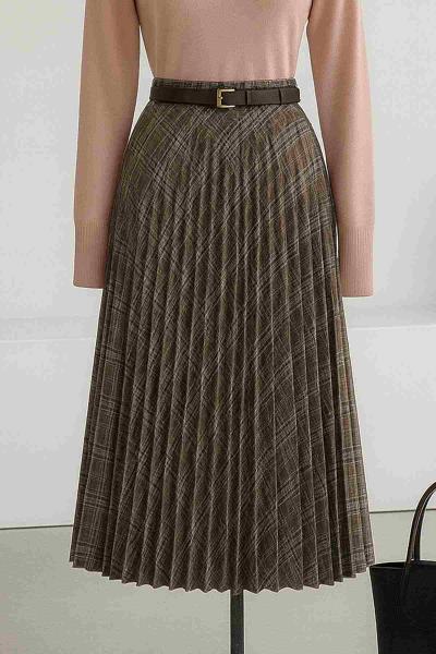 Beli Lastikli Piliseli Kemerli Çiçek Desen Kloş Etek Sütlü Kahve