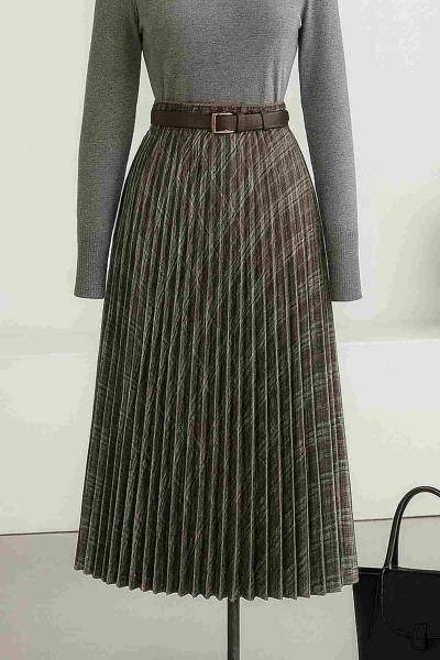 Beli Lastikli Piliseli Kemerli Çiçek Desen Kloş Etek Adaçayı