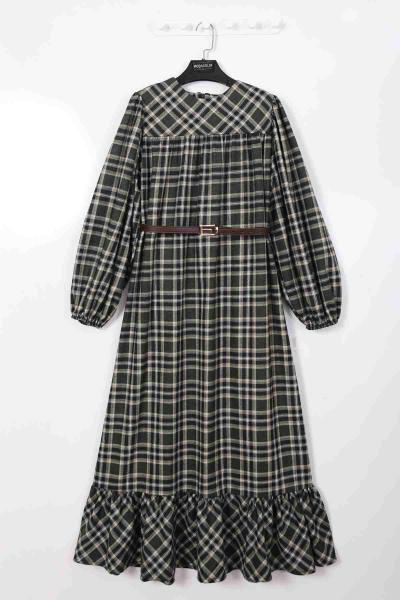 Deri Kemerli Parçalı Ekoseli Elbise Haki