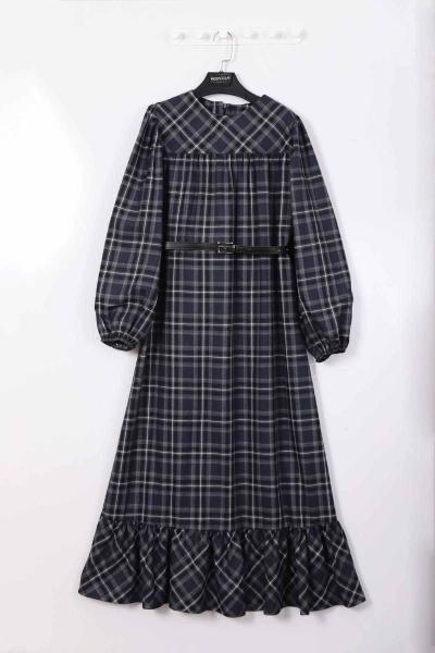 Deri Kemerli Parçalı Ekoseli Elbise Lacivert