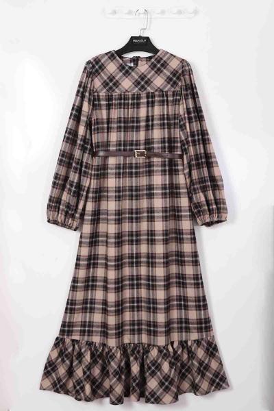 Deri Kemerli Parçalı Ekoseli Elbise Vizon