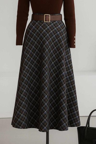 Beli Kemerli Ekoseli Çan Etek Kahve