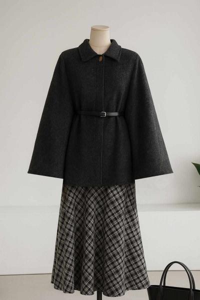 Deri Kemerli Oversıze Yünlü Kaşe Panço Füme