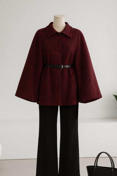 Deri Kemerli Oversıze Yünlü Kaşe Panço Mürdüm