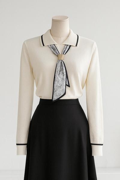 Polo Yakalı Kravatlı Corsman Triko Kazak Ekru