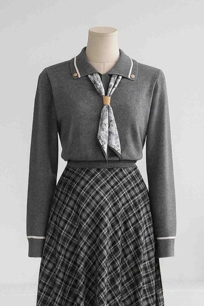 Polo Yakalı Kravatlı Corsman Triko Kazak Gri