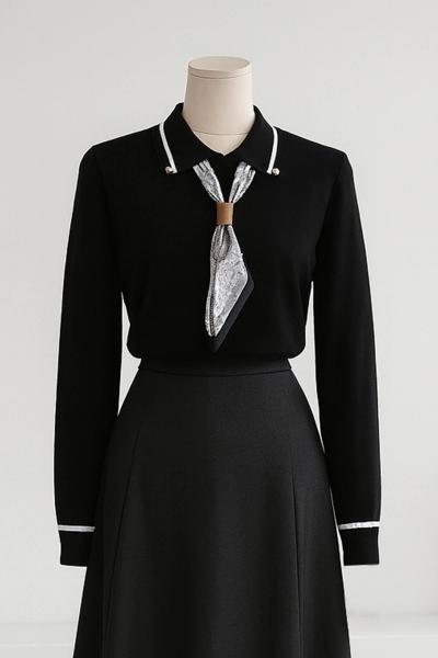 Polo Yakalı Kravatlı Corsman Triko Kazak Siyah