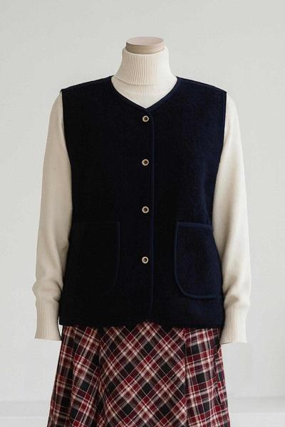 Çift Cepli Biyeli Peluş Yelek Lacivert