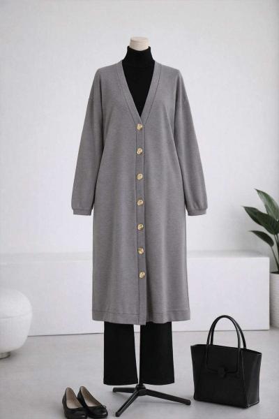 Sarı Düğmeli Selanik Örgü Uzun Hırka Gri