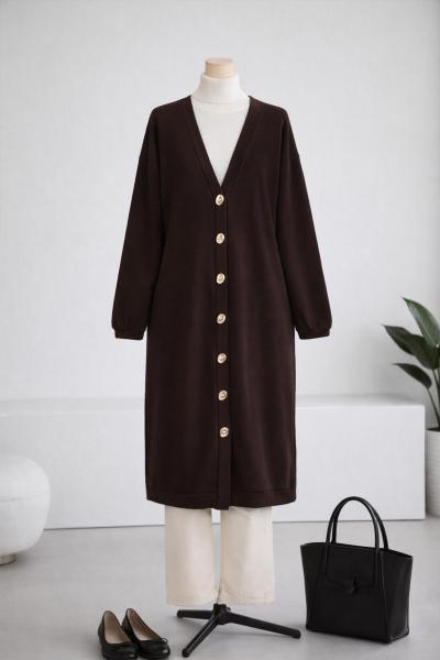 Sarı Düğmeli Selanik Örgü Uzun Hırka Kahve