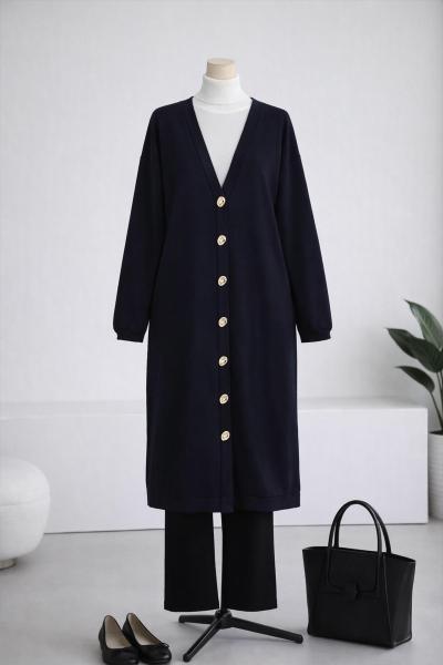 Sarı Düğmeli Selanik Örgü Uzun Hırka Lacivert