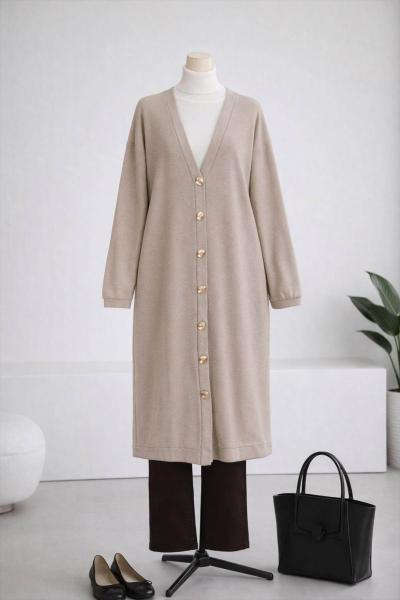 Sarı Düğmeli Selanik Örgü Uzun Hırka Taş