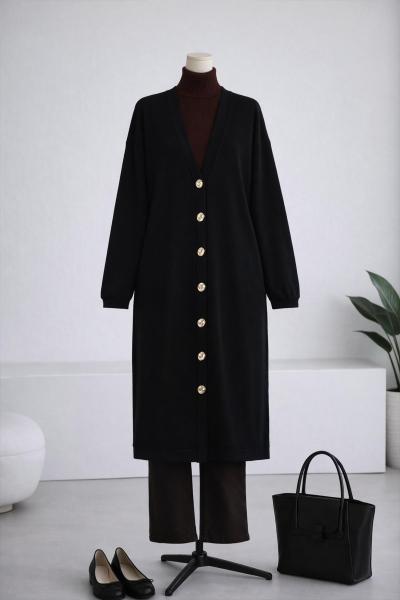 Sarı Düğmeli Selanik Örgü Uzun Hırka Siyah