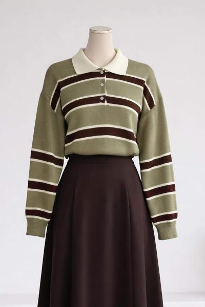 Polo Yaka Patı Düğmeli Çizgili Pike Örgü Kazak Adaçayı