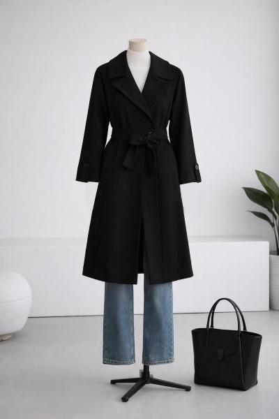 Geniş Yakalı Yırtmaçlı Kuşaklı Kaşe Kaban Siyah