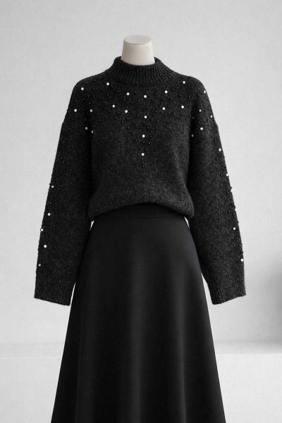 Taş Detaylı Yumoş Kazak Antrasit