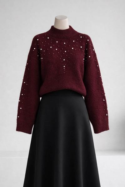 Taş Detaylı Yumoş Kazak Bordo