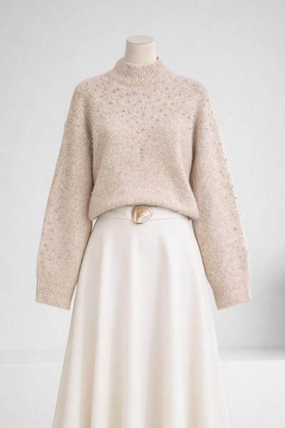 Taş Detaylı Yumoş Kazak Vizon