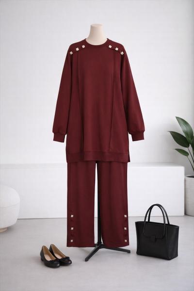 Omuzları Paçaları Düğmeli İkiiplik Takım Bordo