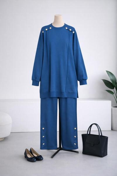 Omuzları Paçaları Düğmeli İkiiplik Takım Saks