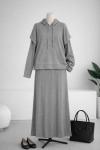 Kapşonlu Fitilli İkili Elbise Gri