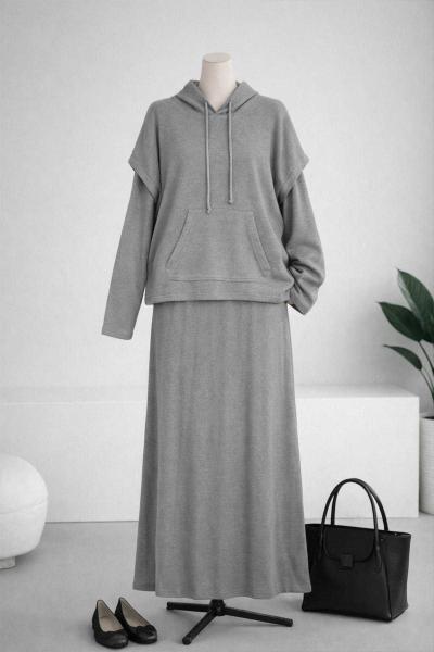 Kapşonlu Fitilli İkili Elbise Gri