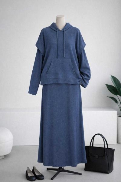 Kapşonlu Fitilli İkili Elbise İndigo