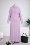 Kapşonlu Fitilli İkili Elbise Lila