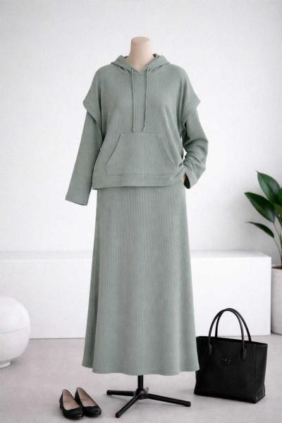 Kapşonlu Fitilli İkili Elbise Adaçayı