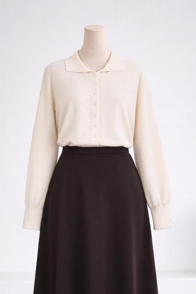 Polo Yaka Düğmeli Triko Kazak Krem