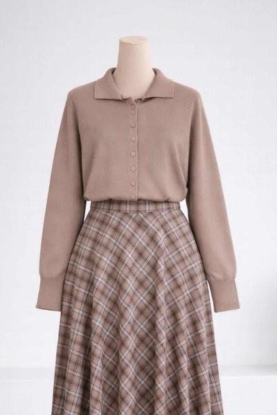 Polo Yaka Düğmeli Triko Kazak Vizon