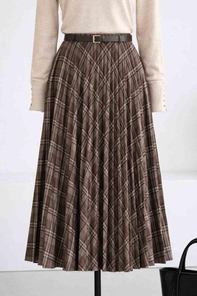 Beli Lastikli Piliseli Kemerli Ekose Kloş Etek Vizon