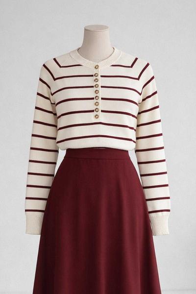 Patı Çok Düğmeli Enize Çizgili Triko Kazak Ekru Bordo