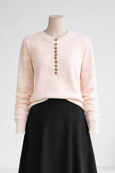 Patı Çok Düğmeli Enize Çizgili Triko Kazak Ekru Pembe