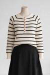 Patı Çok Düğmeli Enize Çizgili Triko Kazak Ekru Siyah