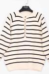 Patı Çok Düğmeli Enize Çizgili Triko Kazak Ekru Siyah