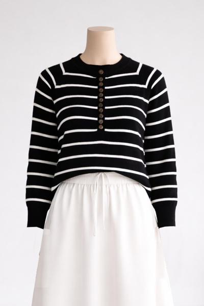 Patı Çok Düğmeli Enize Çizgili Triko Kazak Siyah Ekru