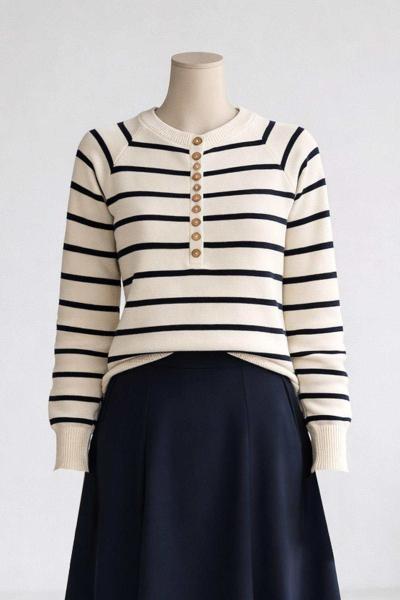 Patı Çok Düğmeli Enize Çizgili Triko Kazak Ekru Laci