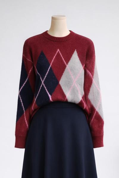 Baklava Desen Şardonluı Triko Kazak Bordo