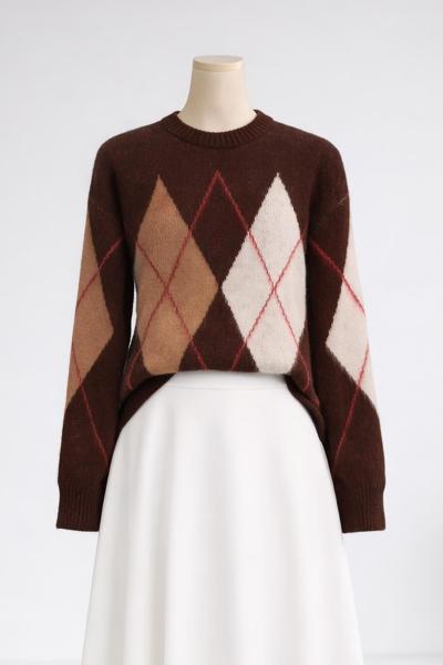 Baklava Desen Şardonluı Triko Kazak Kahve