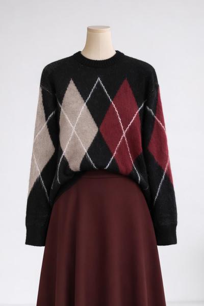 Baklava Desen Şardonluı Triko Kazak Siyah