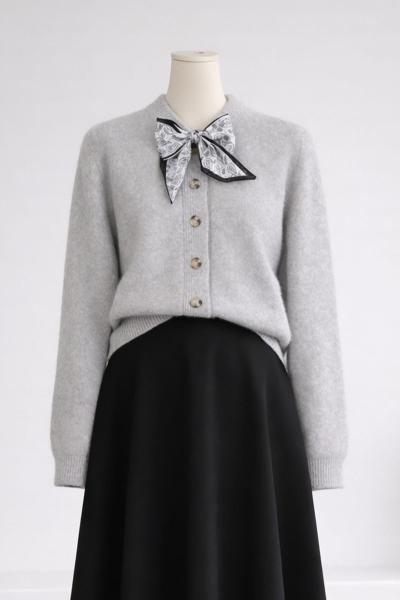 Fularlı Triko Yumoş Hırka Açık Gri